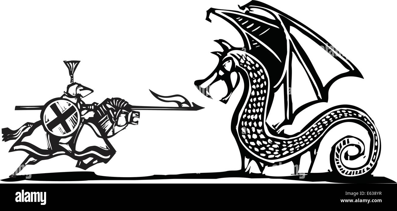Silografia espressionista immagine di stile di un cavaliere montato combatte il drago Illustrazione Vettoriale
