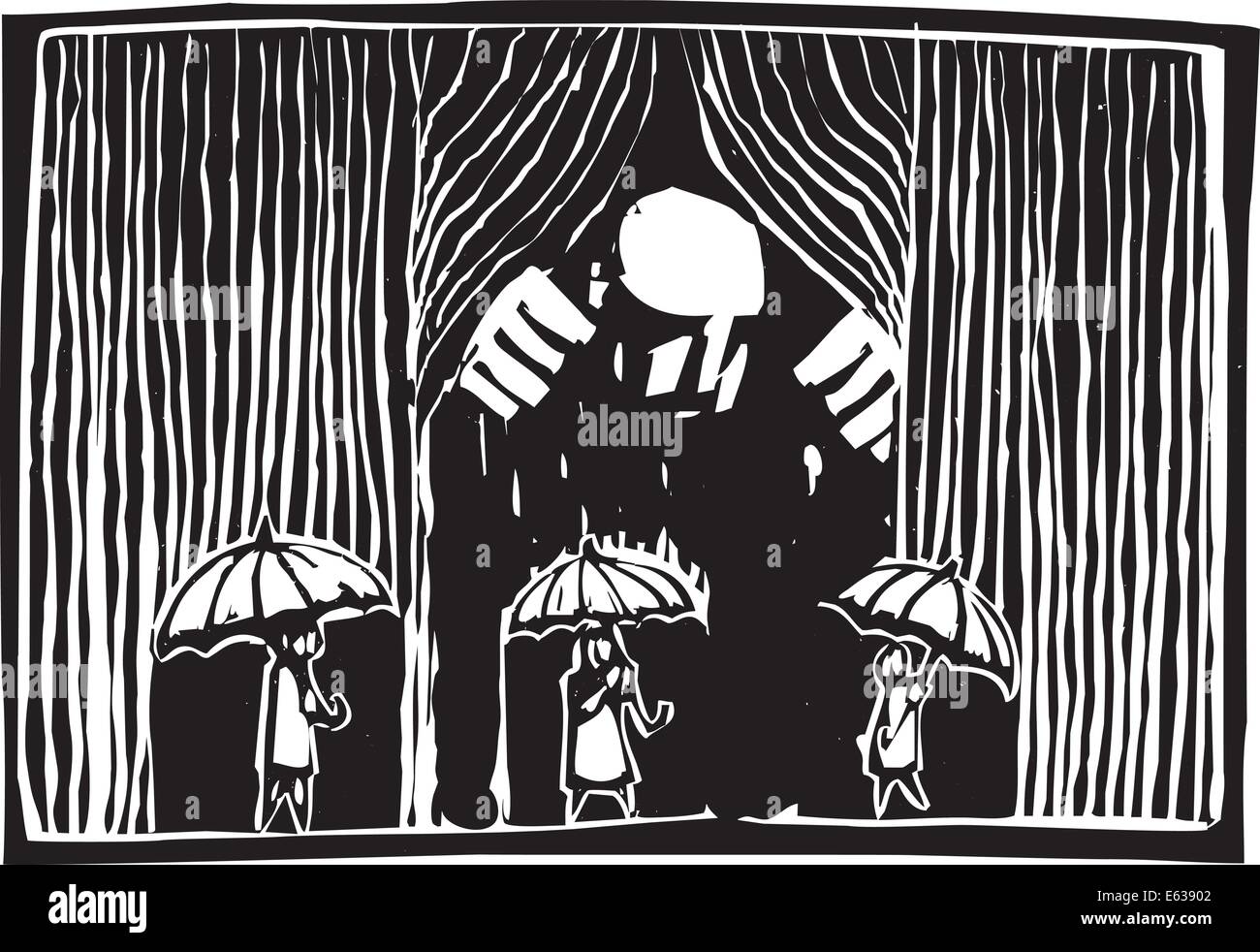 Xilografia stile immagine di un uomo gigante tirando indietro una cortina di pioggia su tre persone con ombrelloni. Illustrazione Vettoriale