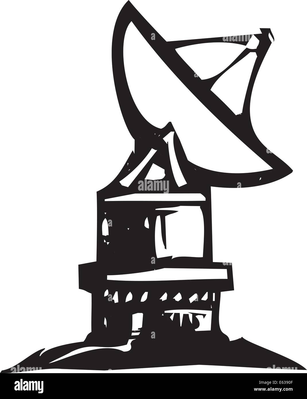 Silografia espressionista stile piatto radio telescopio a puntamento che sky. Illustrazione Vettoriale