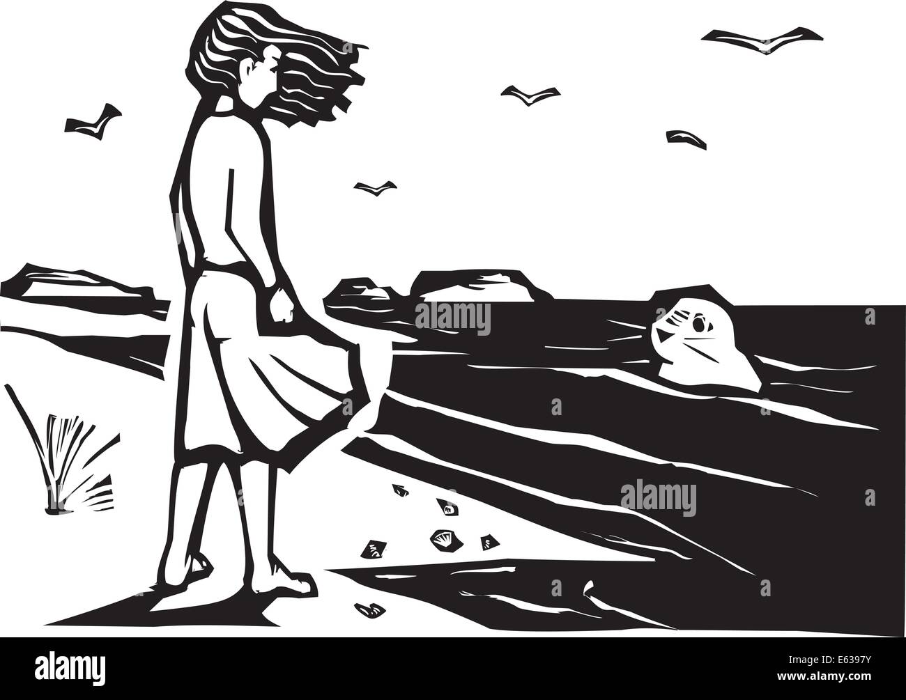 Xilografia immagine di stile di una ragazza su una spiaggia a guardare un porto di tenuta a onde. Illustrazione Vettoriale