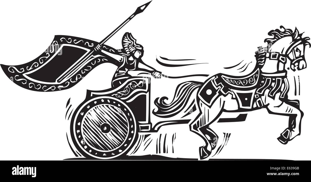 Xilografia stile immagine di un Norse viking Valkyrie a cavallo di un carro. Illustrazione Vettoriale