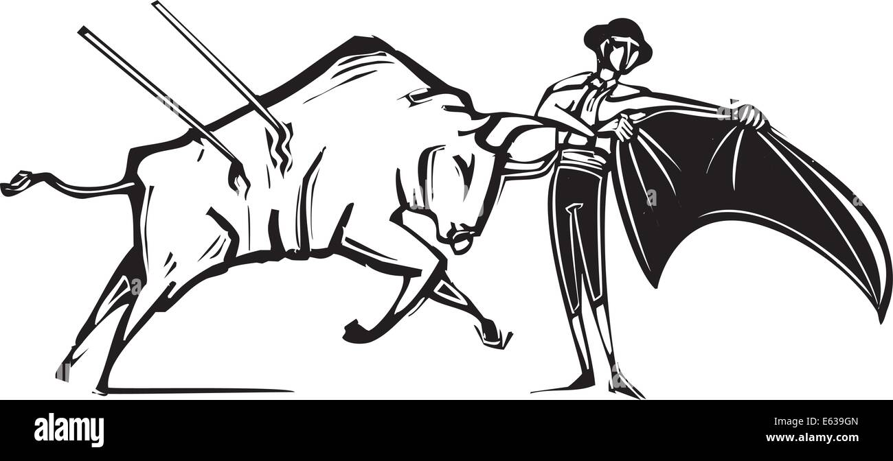 Xilografia stile immagine di un matador e un ferito di Bull in una corrida Illustrazione Vettoriale