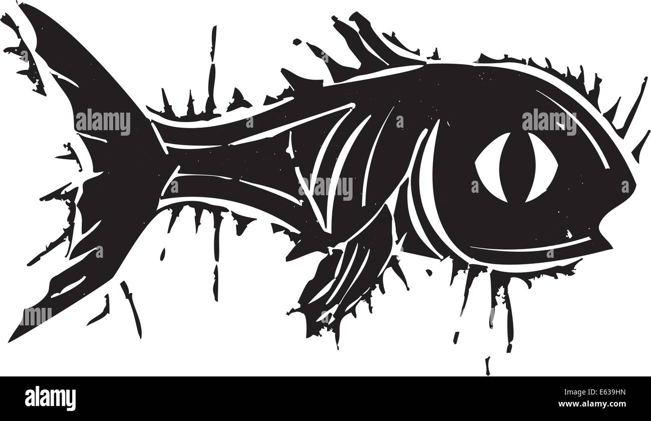 Woodblock stampa stile di pesce con un occhio grande. Illustrazione Vettoriale