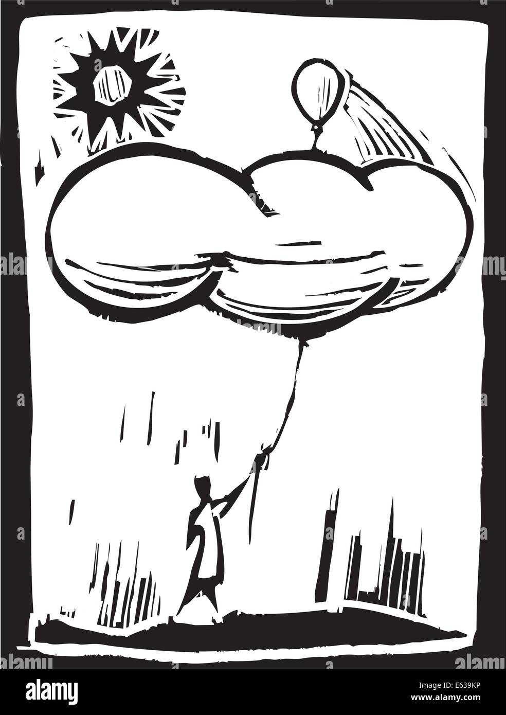 Persona consente a palloncino si ergono sulle nuvole. Depressione metafora. Illustrazione Vettoriale