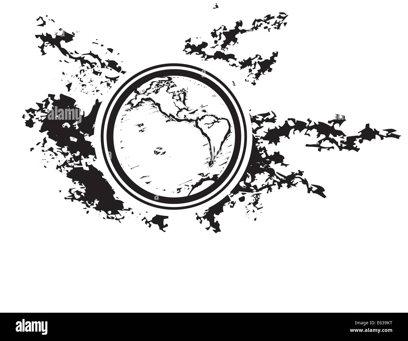 Globo terrestre contro un inchiostro nero spruzzato sulle sky Illustrazione Vettoriale