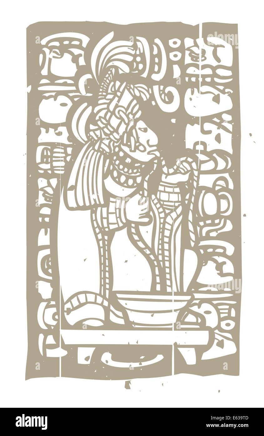 Signore Maya in esecuzione corda attraverso la sua lingua in un tradizionale sacrificio di sangue. Illustrazione Vettoriale