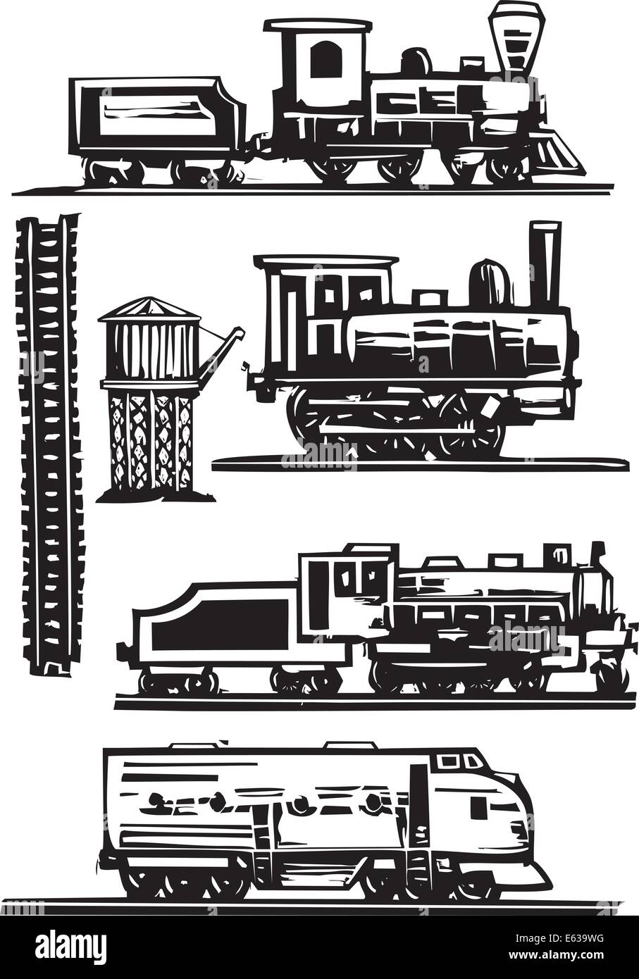 Xilografia immagini stile di convogli ferroviari, acqua torri e tracce. Illustrazione Vettoriale