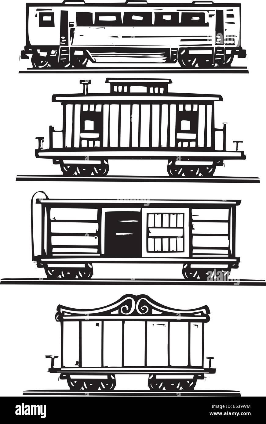 Xilografia immagini stile del passeggero ferroviario, circo, boxcars e cambusa. Illustrazione Vettoriale