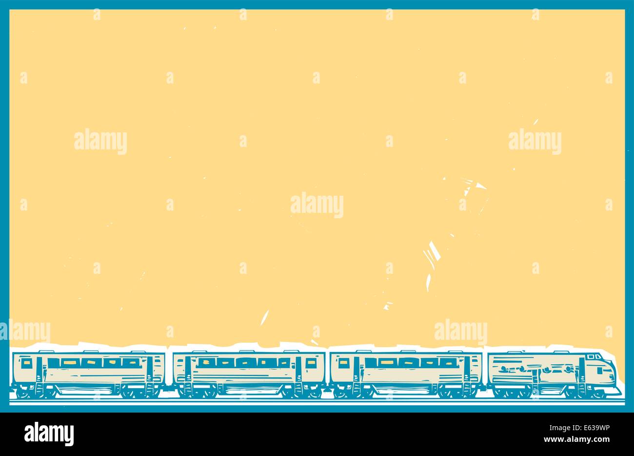 Xilografia stile poster immagine Immagine di una locomotiva diesel treno con le autovetture. Illustrazione Vettoriale