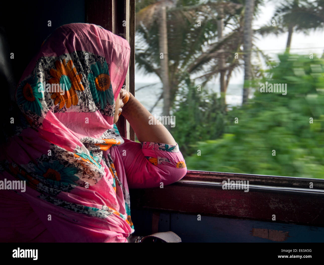 Donna locale nel tradizionale sari si siede nel sedile del passeggero di un treno in Sri Lanka sulla rotta distrutte dallo tsunami Foto Stock