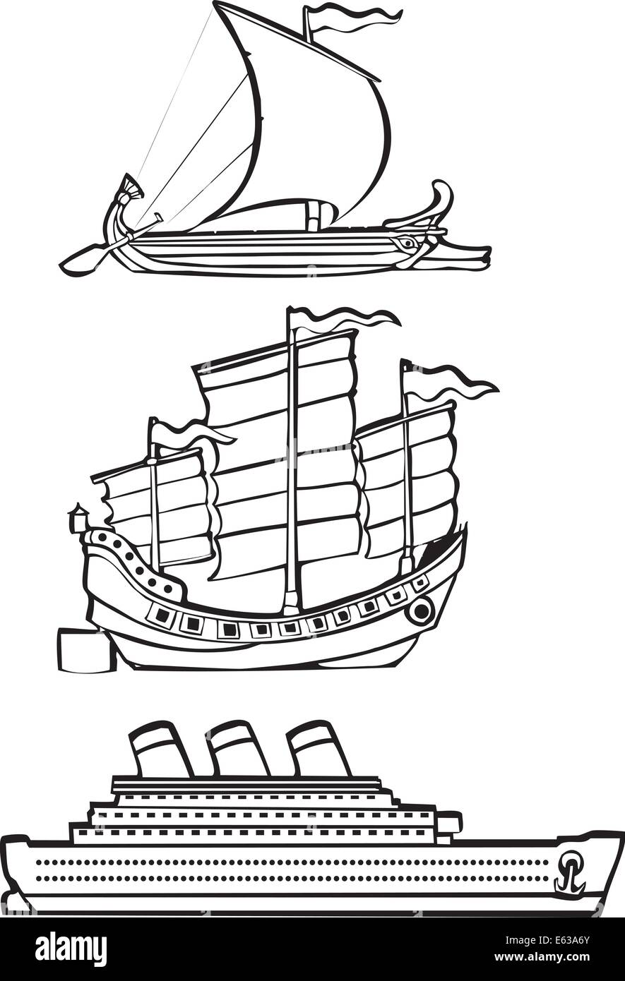 Tre semplici navi dalla storia illustrata in bianco e nero. Illustrazione Vettoriale