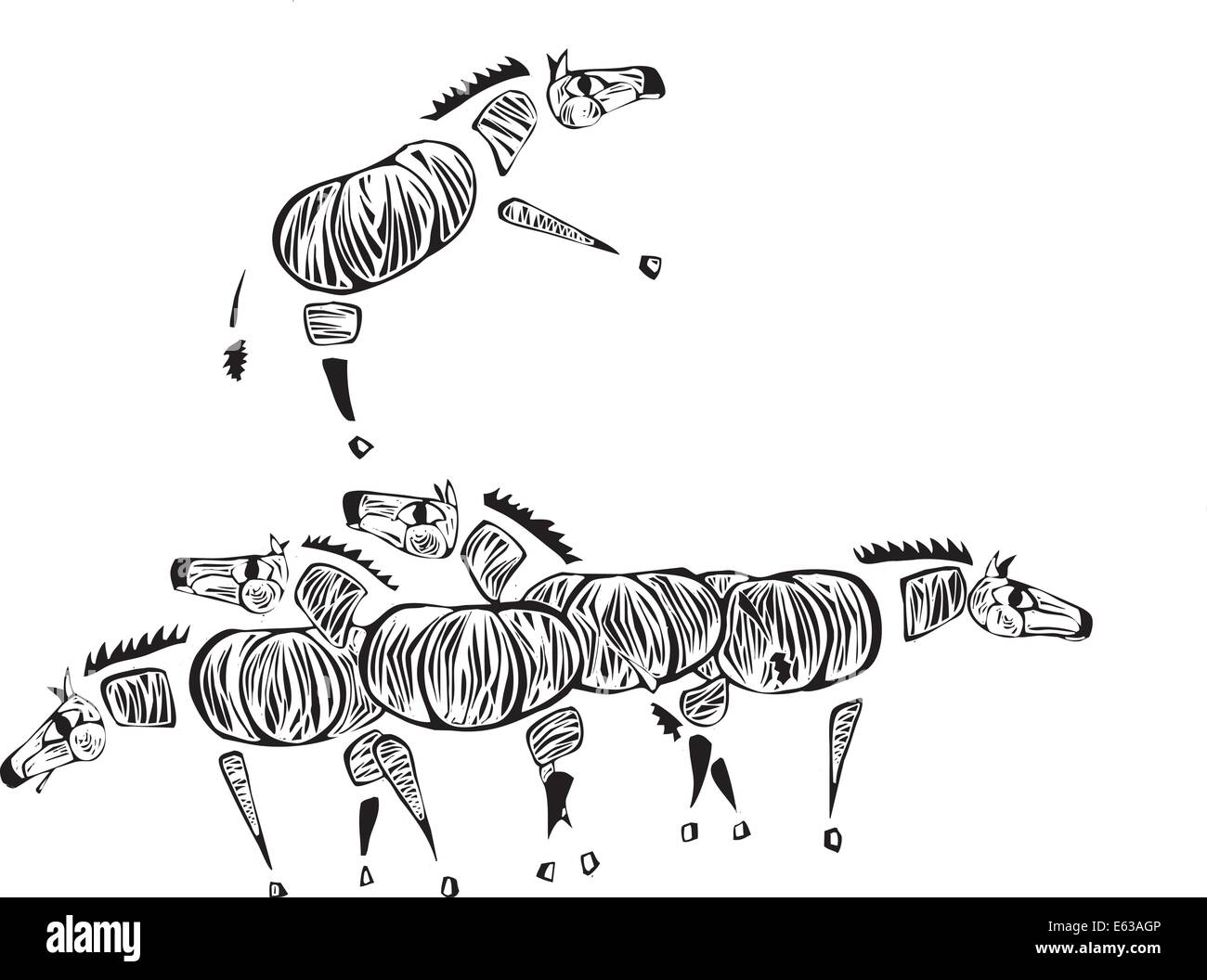 Mandria di zebre in semplice stile xilografia Illustrazione Vettoriale