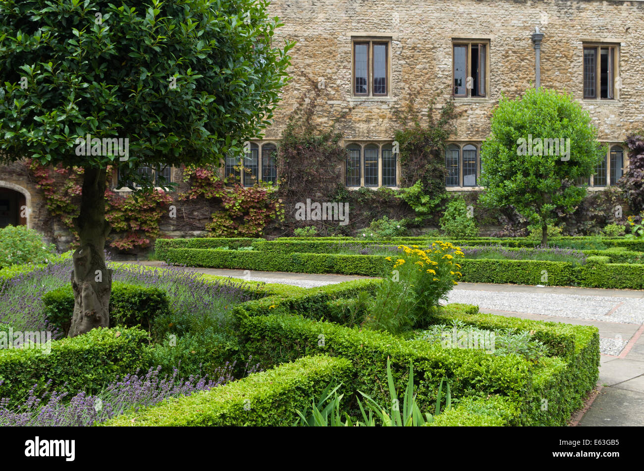 Giardini formali all'interno del terreno di Emmanuel College di Cambridge, Regno Unito Foto Stock