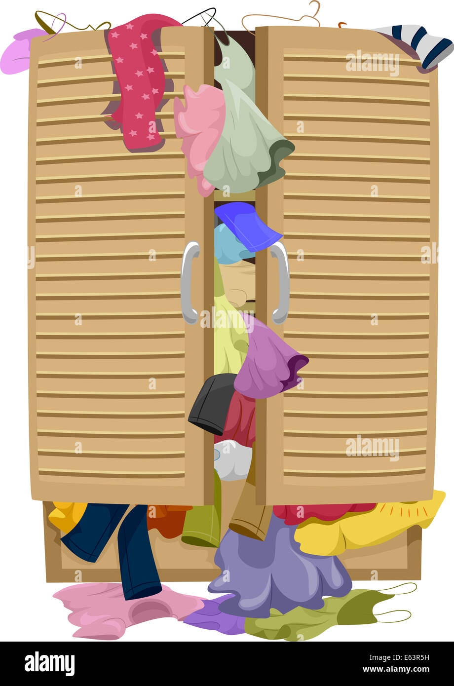 Illustrazione di un armadio traboccante di vestiti Foto Stock
