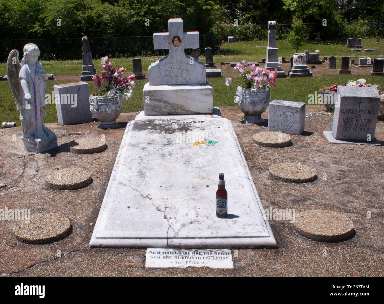 Tombe di famiglia zingara uniche in un cimitero a Meridian, Mississippi, con lapidi ornate e colorate tradizioni della cultura rom. Foto Stock