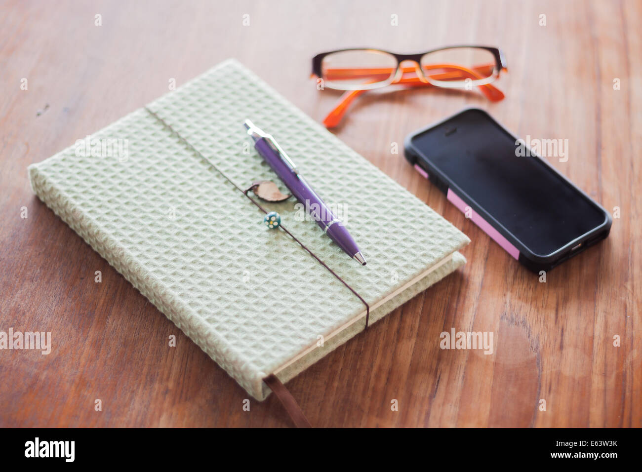 Notebook e penna su un tavolo di legno, stock photo Foto Stock