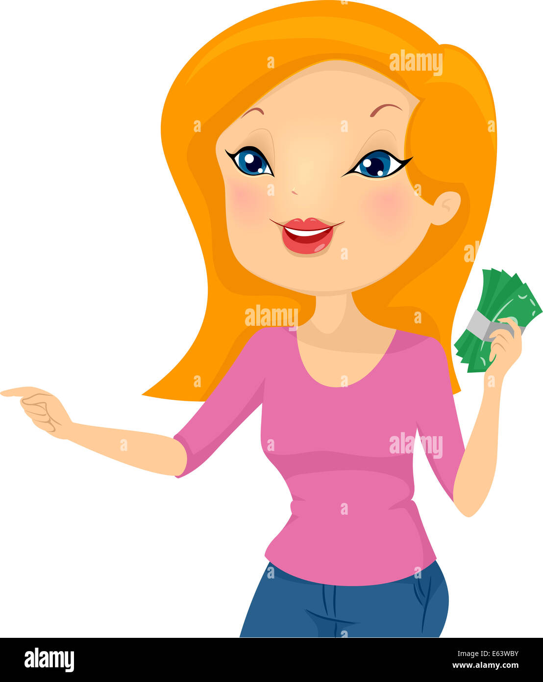 Illustrazione di una ragazza con un tampone di denaro che punta a destra Foto Stock