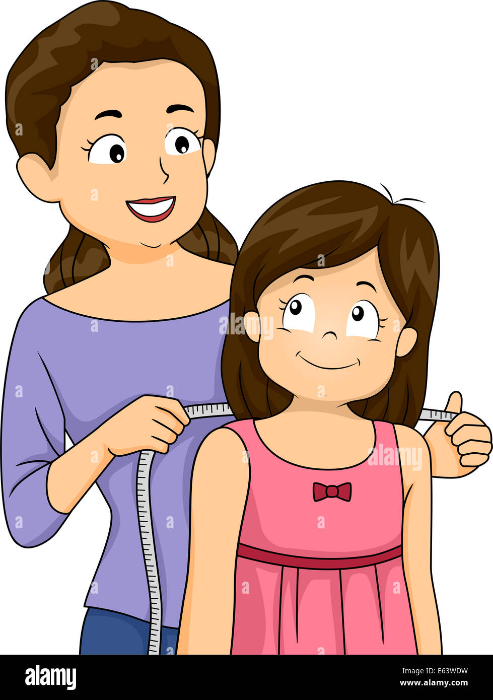 Illustrazione di una madre misurando le spalle di sua figlia Foto Stock