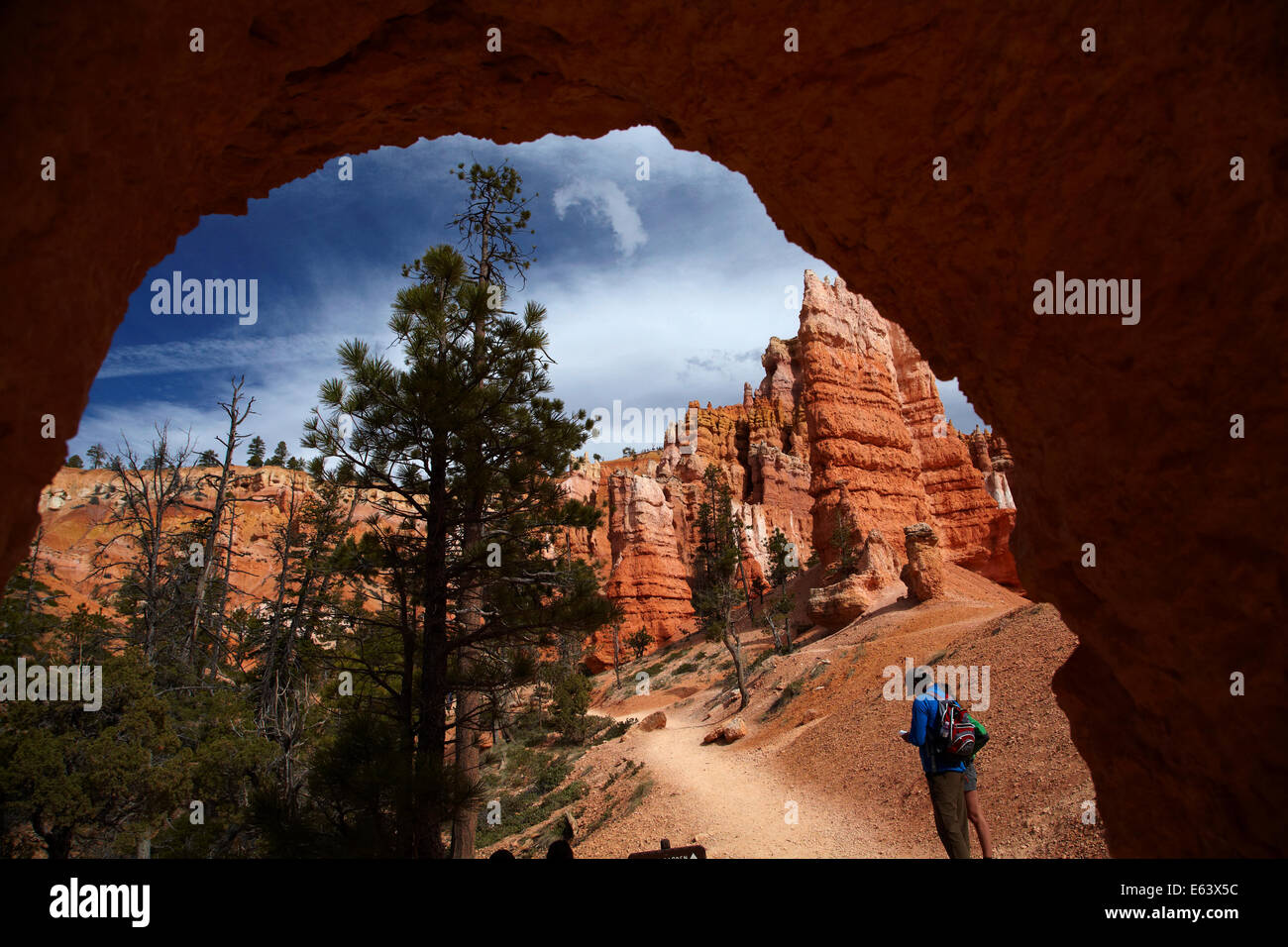 Gli escursionisti e tunnel su Queen's Garden Trail attraverso hoodoos, Parco Nazionale di Bryce Canyon, Utah, Stati Uniti d'America Foto Stock