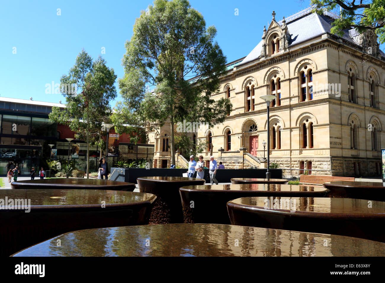 Funzione di acqua nella parte anteriore del South Australian Museum di Adelaide Foto Stock