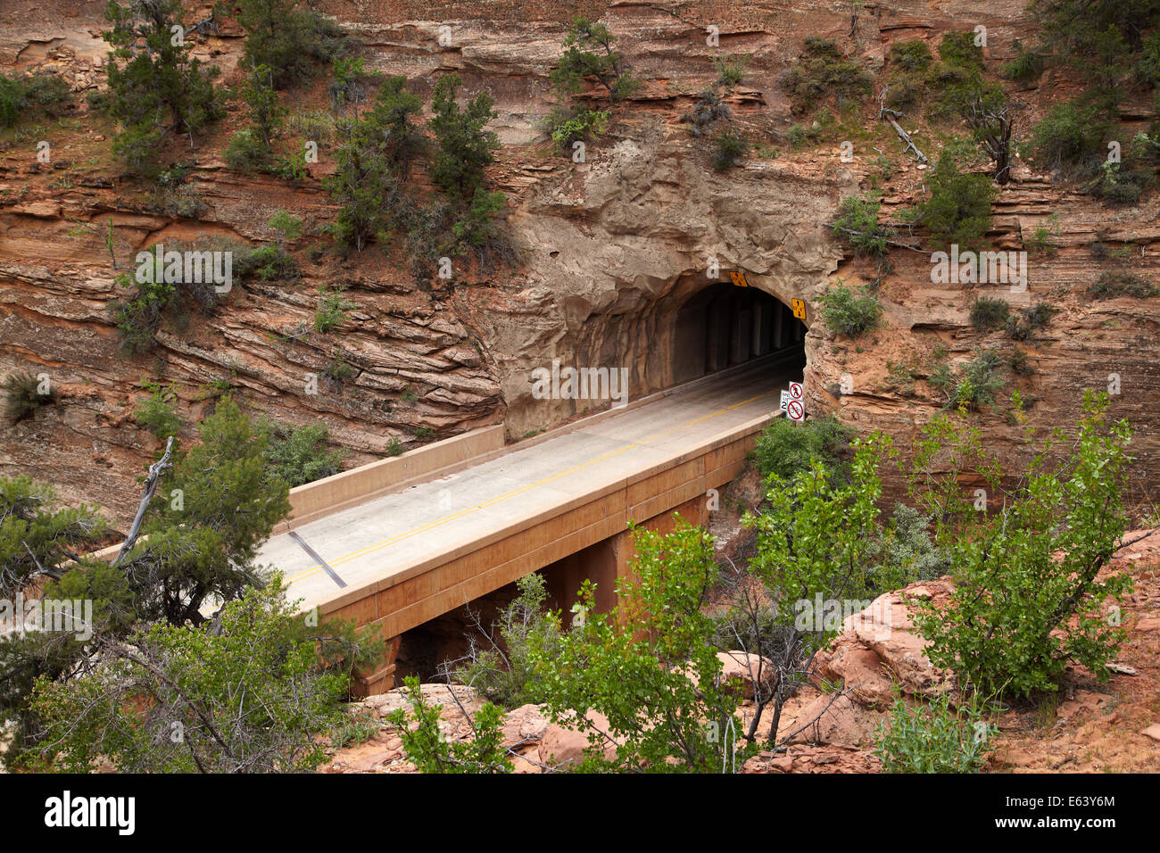 Ponte nel portale ad est di Sion Tunnel, Sion - Mount Carmel Highway, il Parco Nazionale di Zion, Utah, Stati Uniti d'America Foto Stock
