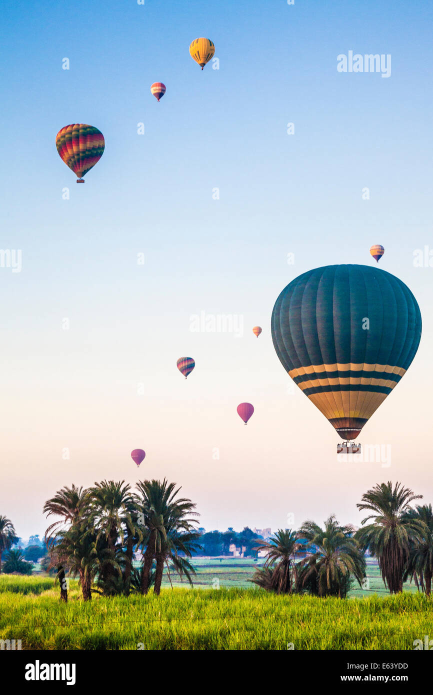 I palloni ad aria calda battenti sulla sponda ovest del Nilo in Egitto a sunrise. Foto Stock