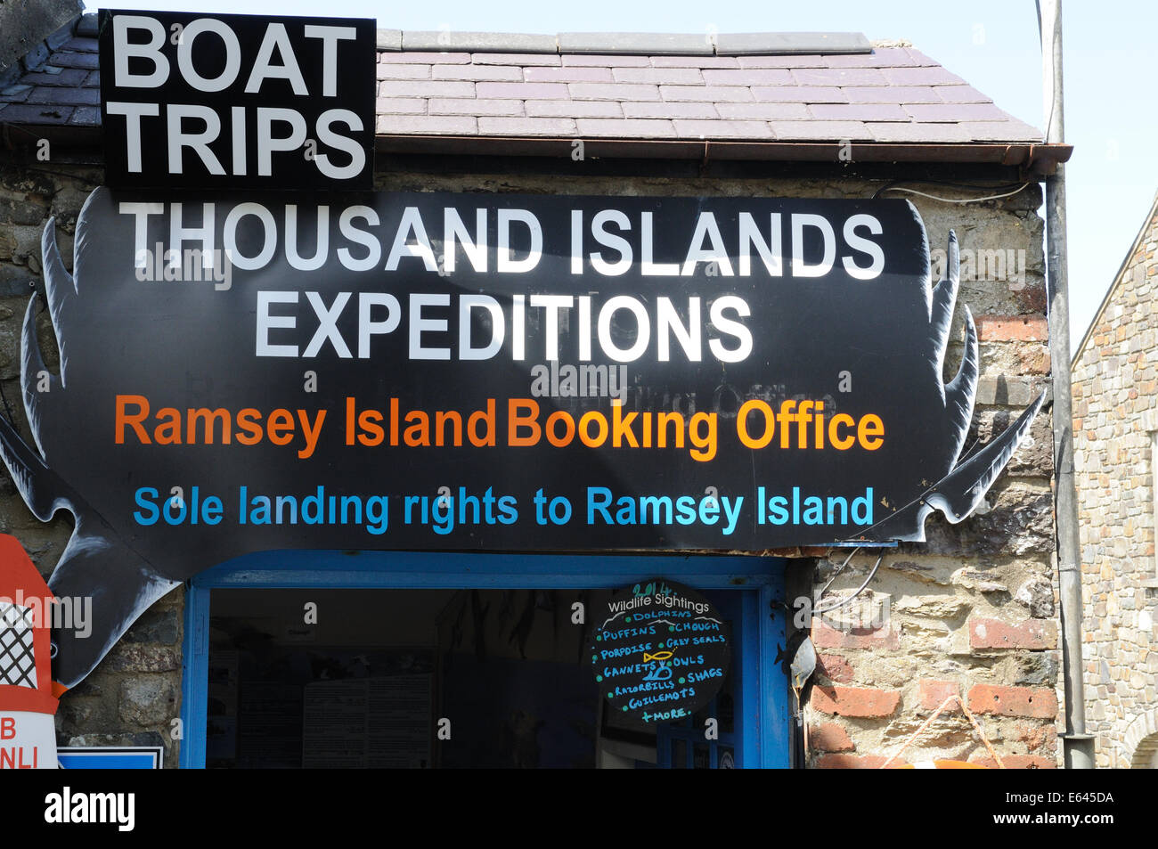 Segno pubblicità gite in barca a Ramsey Island in St Davids Pembrokeshire Wales Cymru REGNO UNITO GB Foto Stock