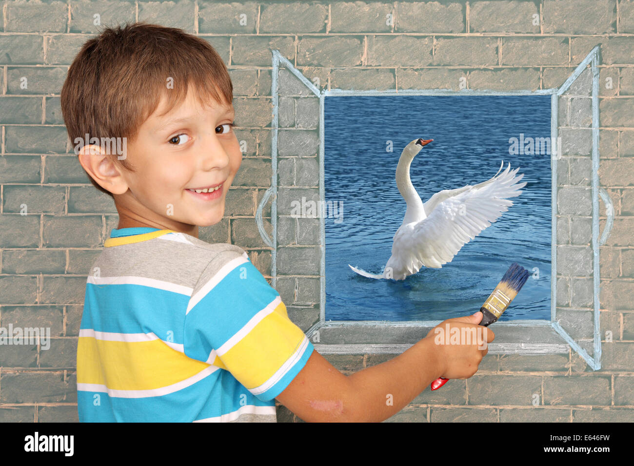 Il ragazzo dipinto l'acqua blu e Swan su una lavagna Foto Stock