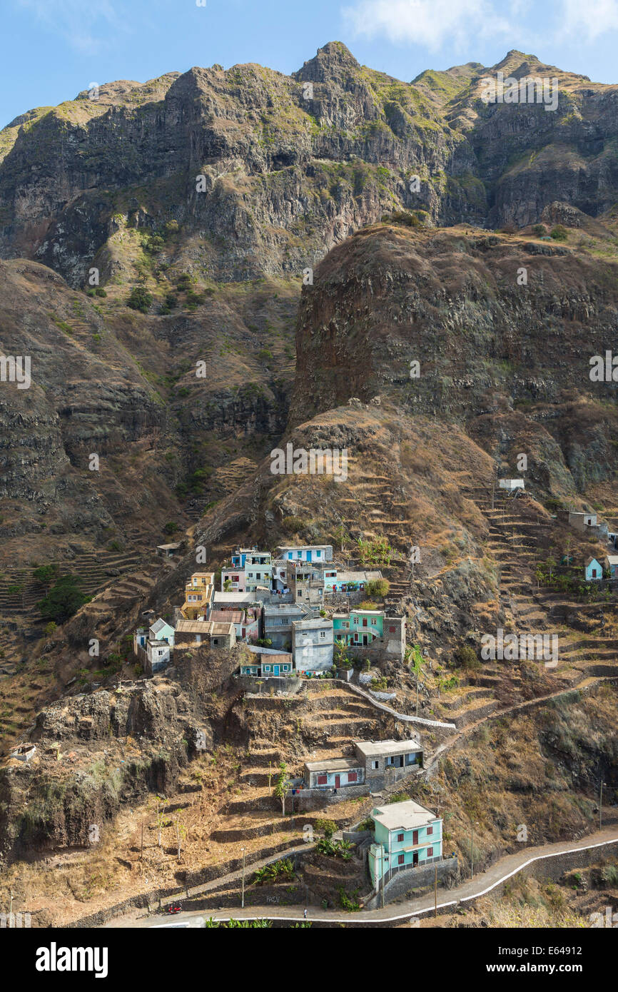 Villaggio sulla montagna, Fontainhas, Santo Antao Isola, Capo Verde Foto Stock