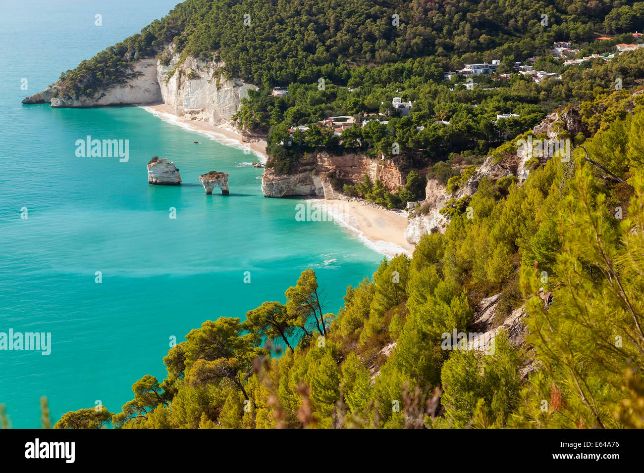 Vista della baia e la città di Vieste e Gargano, Foggia district, Puglia Puglia, Italia Foto Stock