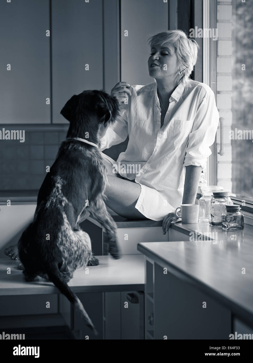 Serena mattina momento, donna matura e cane insieme in cucina, la luce del sole proveniente dalla finestra Foto Stock