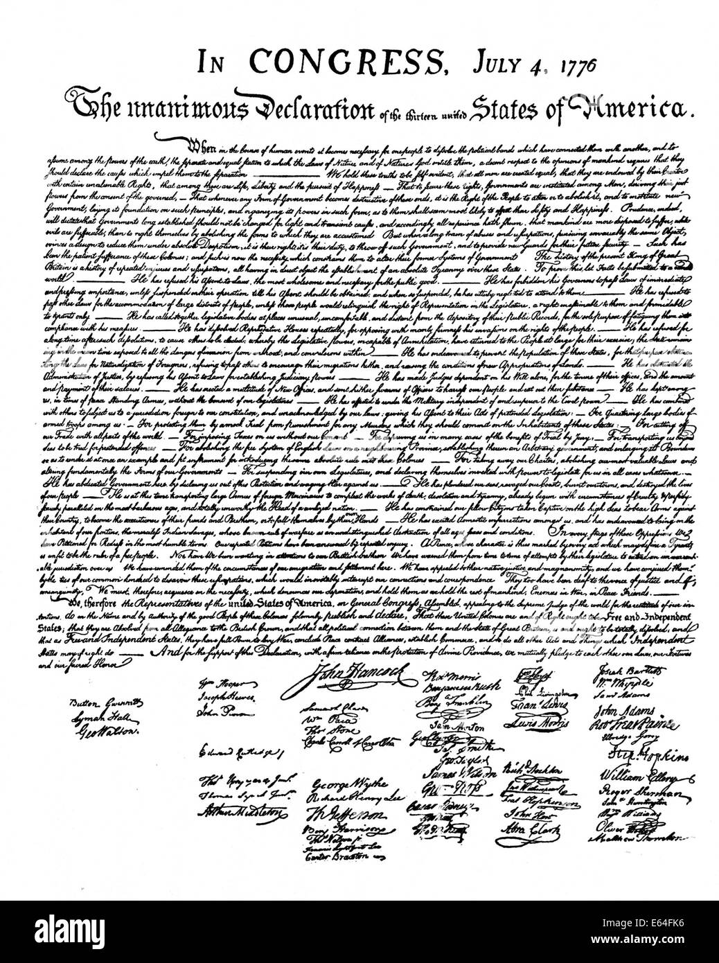 Dichiarazione Americana di Indipendenza 1776 Foto Stock