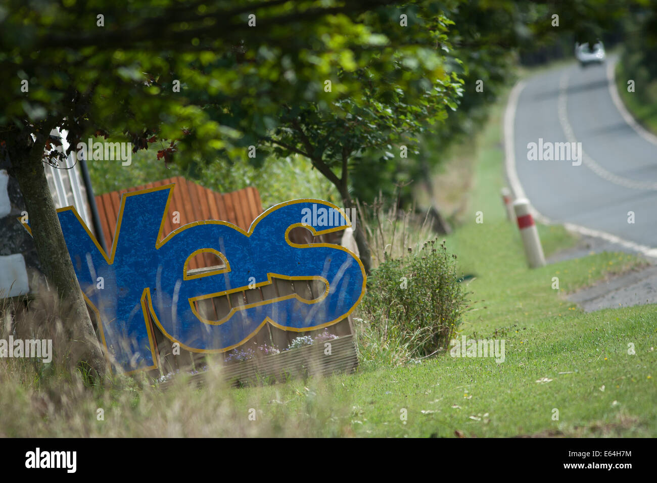 Un " sì " segno esterno di una casa sulla A68 in Scottish Borders, giovedì 14 agosto 2014, supporta l'indipendenza scozzese. Foto Stock