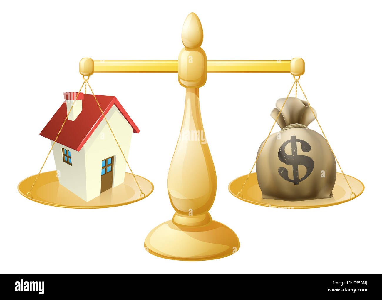 Casa denaro sacco concetto scale con una casa su un lato ed il sacco di soldi su altri Foto Stock
