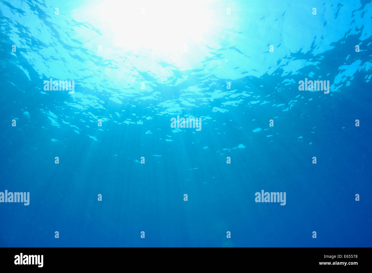 Raggi di sole che splendono nell'acqua, nel Mar Mediterraneo, in Francia, in Europa, nel sole sott'acqua Foto Stock