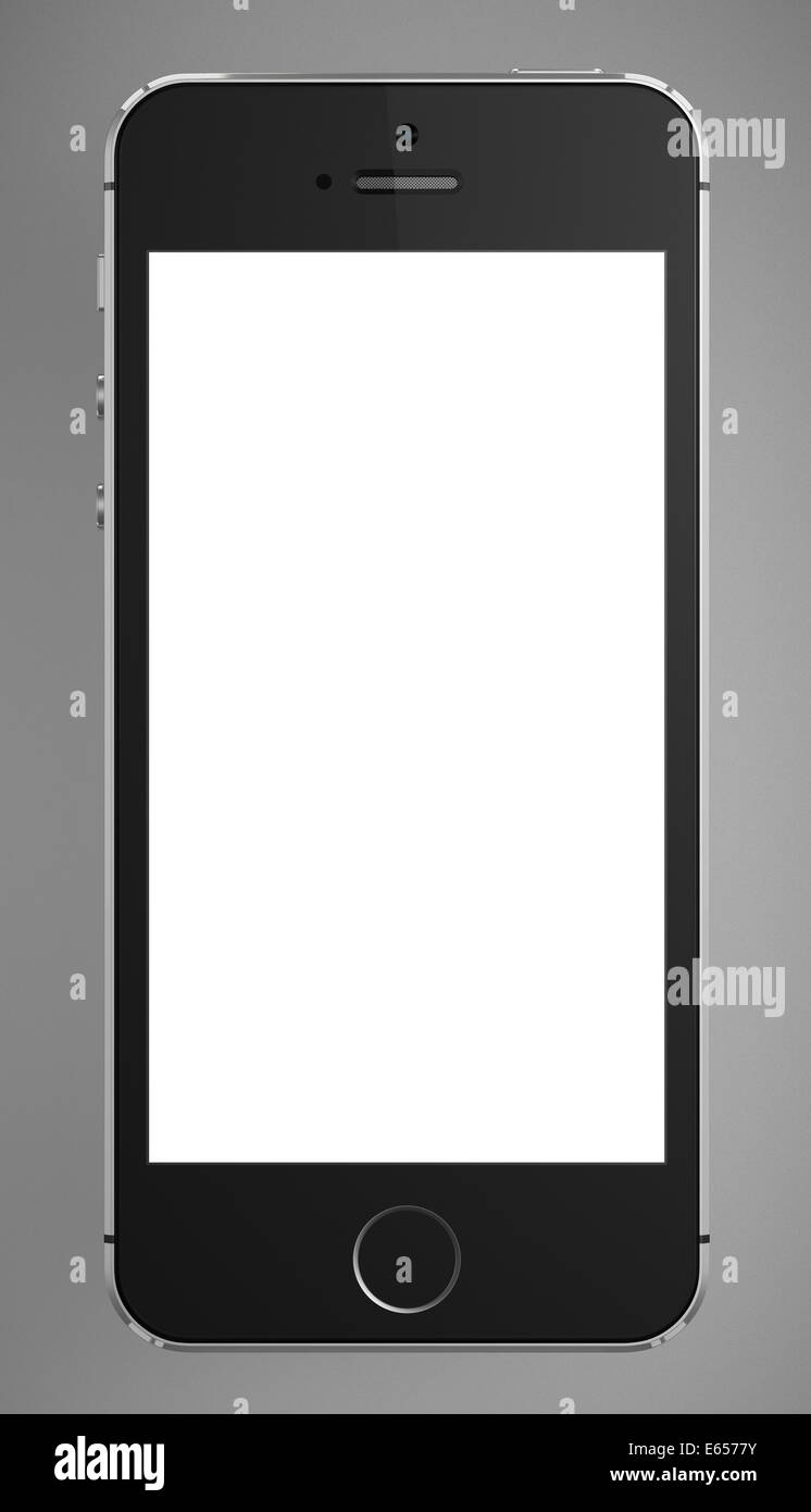 Una vista frontale di un Apple iPhone 5s la visualizzazione di una schermata bianca vuota Foto Stock