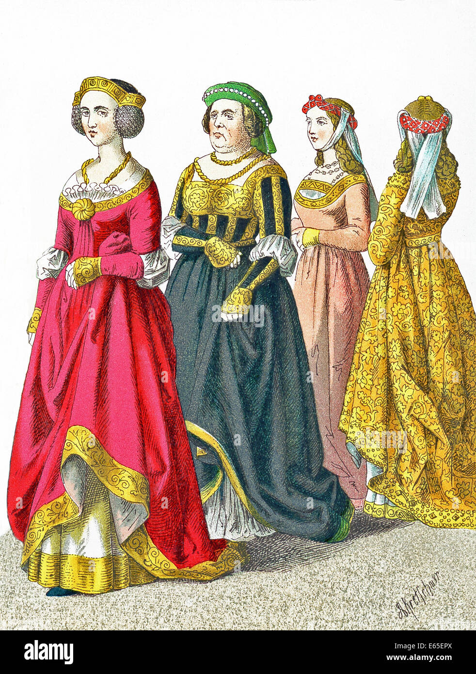 Le figure qui rappresentate sono una signora tedesca di rango e tre cittadini femmina tra A.D. 1450 e 1500. Foto Stock