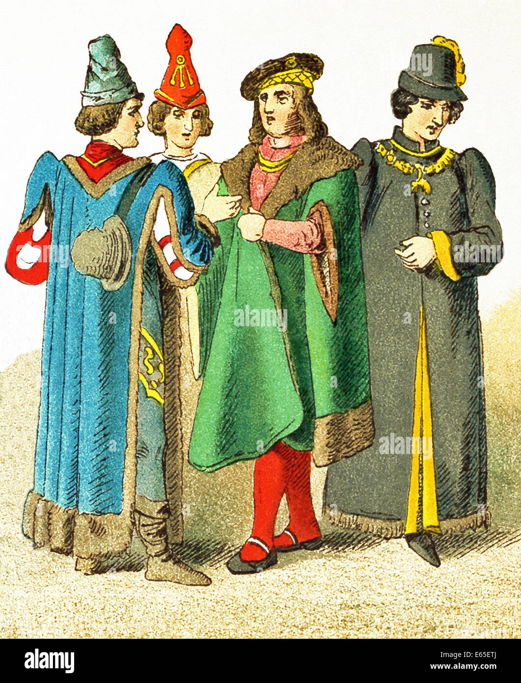 Le figure rappresentate qui data per l'A.D. 1400s. Essi rappresentano quattro francesi di rango. L'illustrazione risale al 1882. Foto Stock