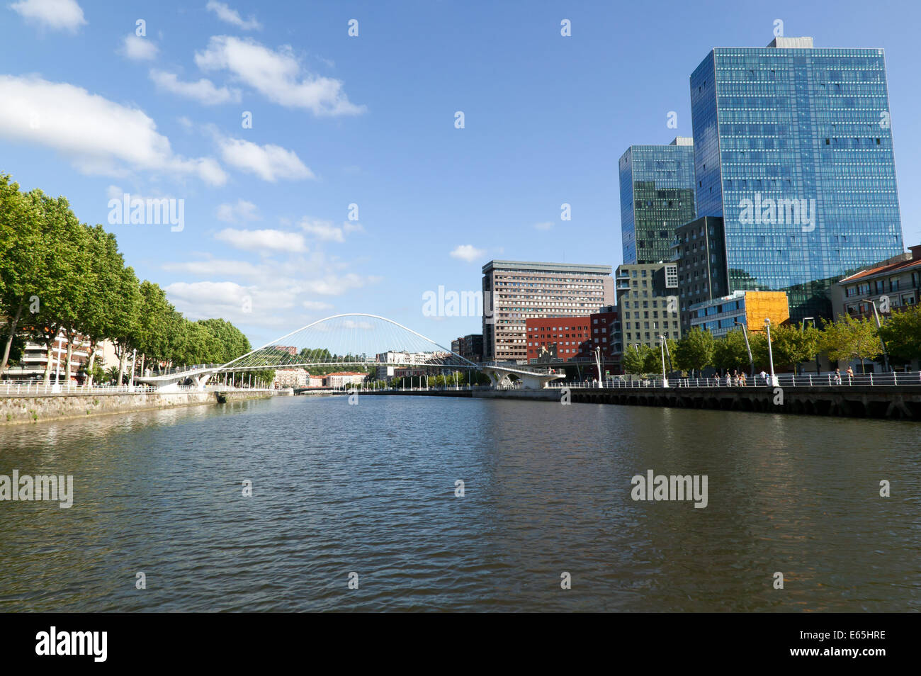 Vista del Isozaki Atea torri e il Ponte Zubizuri attraverso il fiume Nervion, Bilbao, Spagna, Foto Stock