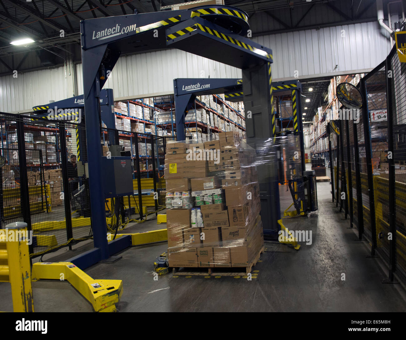 La macchina esegue il wrapping di pallet per il trasporto in area refrigerata in magazzino gigante del distributore alimentare Bozzuto's. Foto Stock