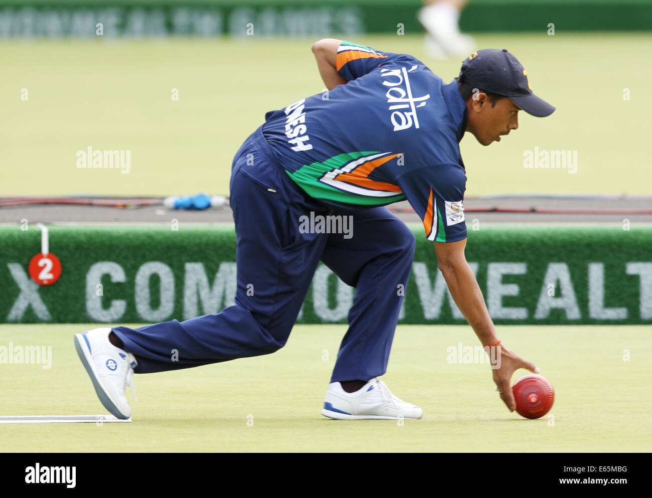 Dinesh KUMAR dell India v Australia in corrispondenza della medaglia bronze nella mens fours al Kelvingrove Prato Centro di bocce, Foto Stock