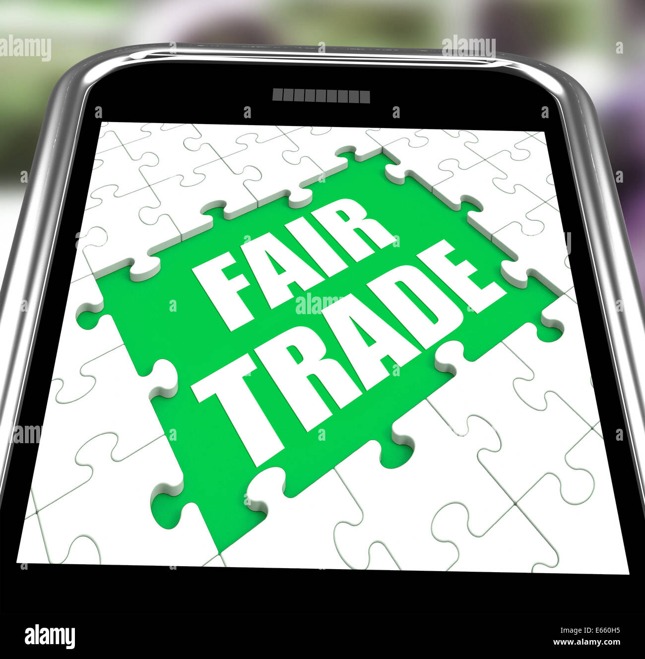 Commercio equo significato dello smartphone in negozio o comprare Fairtrade Foto Stock