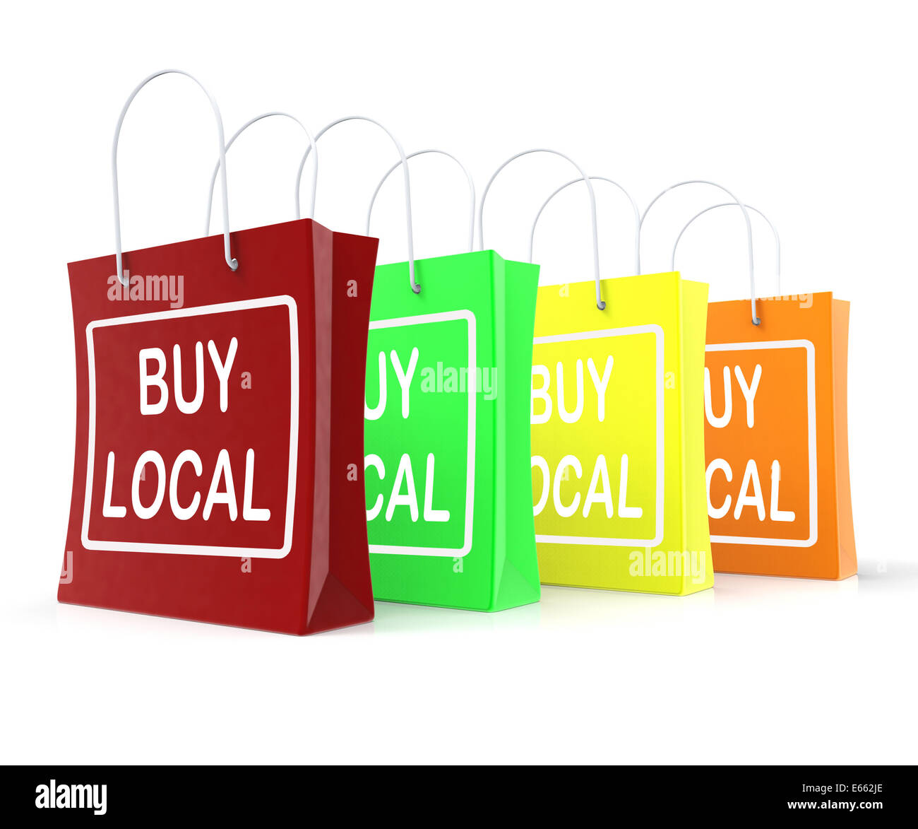Comprare locale Shopping Bags mostra acquisto commerciale nelle vicinanze Foto Stock