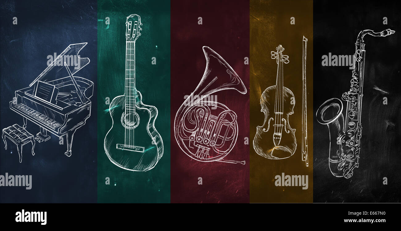 Colorato sfondo musicale strumenti da disegno chalk schizzi Foto Stock