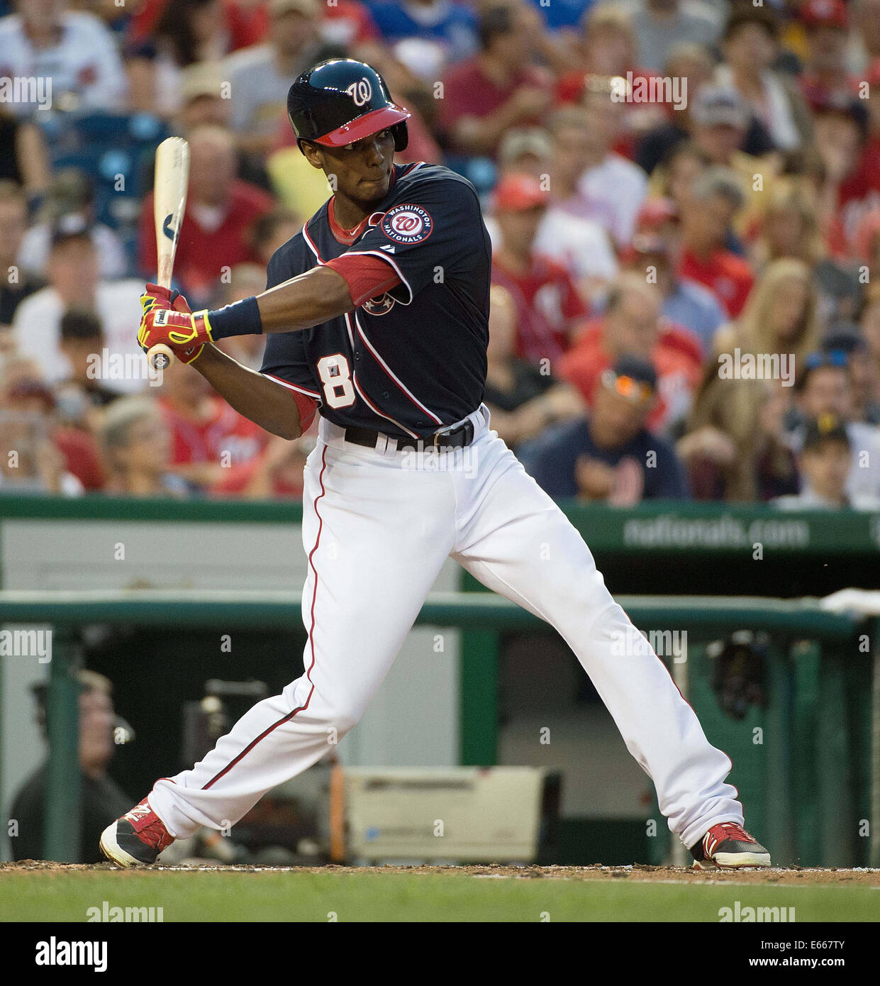 Washington, DC, Stati Uniti d'America. Il 15 agosto, 2014. Washington cittadini diritto fielder Michael Taylor (18) a bat contro i pirati di Pittsburgh durante il loro gioco a cittadini Park a Washington D.C, Venerdì, 15 agosto 2014. Credito: Harry E. Walker/ZUMA filo/Alamy Live News Foto Stock