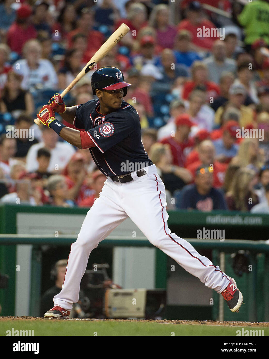 Washington, DC, Stati Uniti d'America. Il 15 agosto, 2014. Washington cittadini diritto fielder Michael Taylor (18) a bat contro i pirati di Pittsburgh durante il loro gioco a cittadini Park a Washington D.C, Venerdì, 15 agosto 2014. Credito: Harry E. Walker/ZUMA filo/Alamy Live News Foto Stock