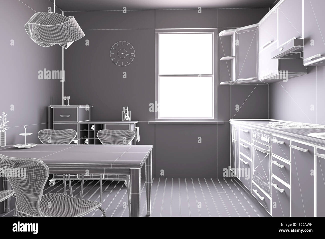 3D render di una cucina a vista wireframe Foto Stock