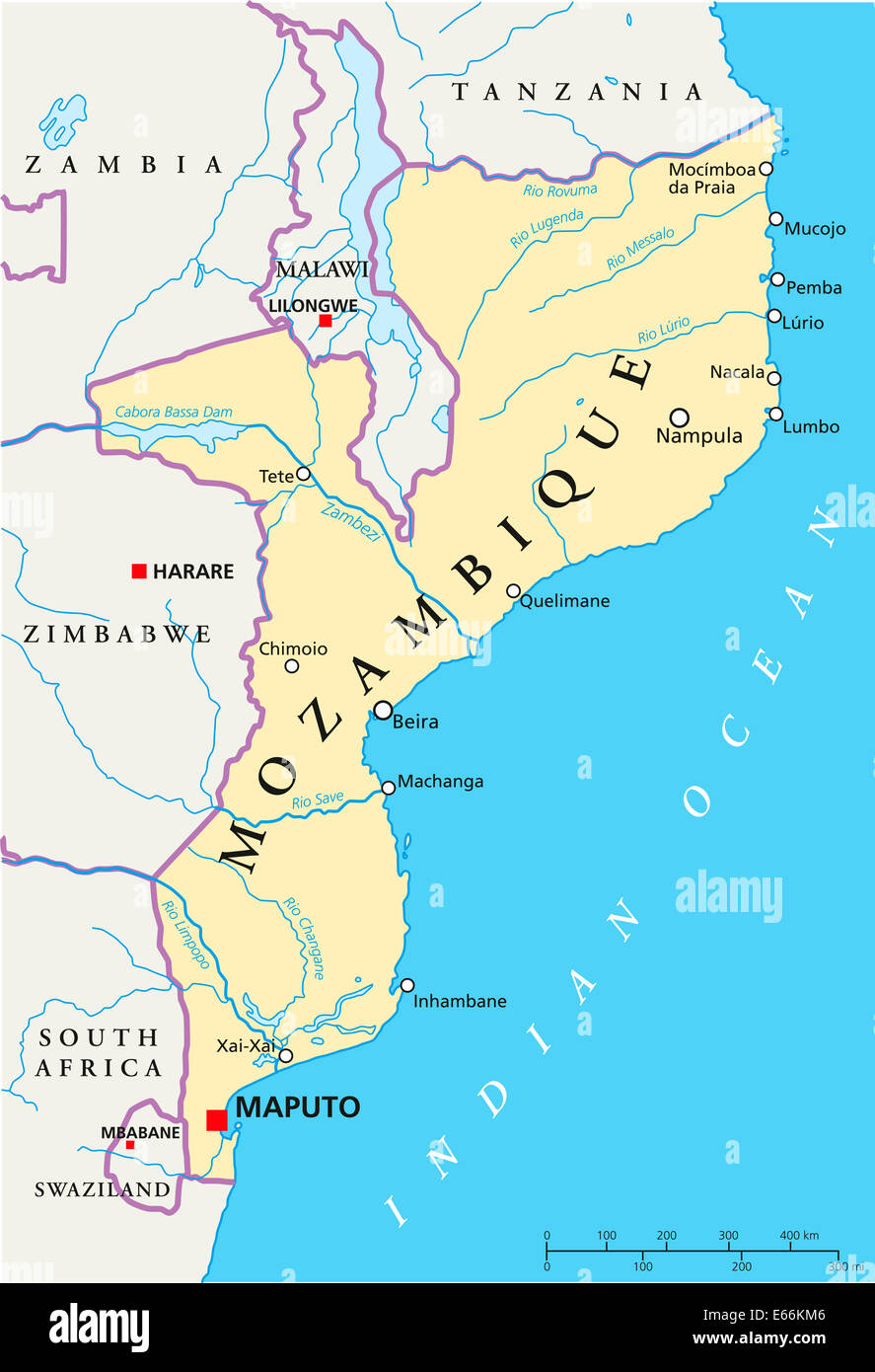 Mozambico carta politica con capitale Maputo, con frontiere nazionali più importanti città, fiumi e laghi. Etichetta inglese. Foto Stock