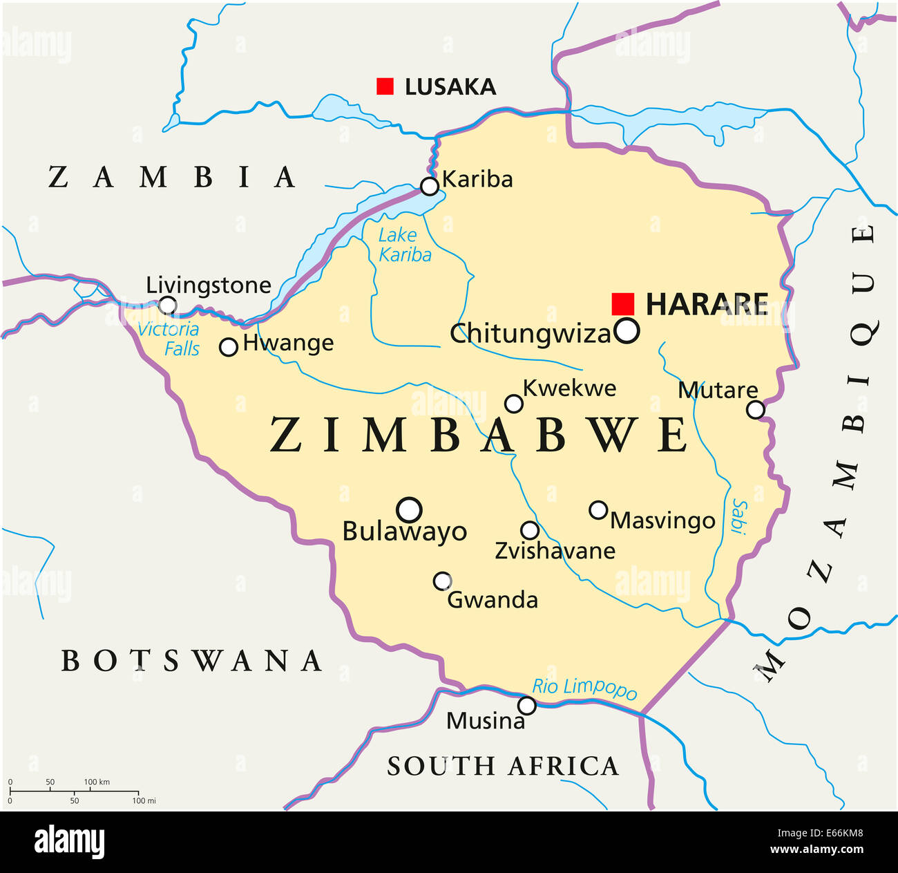 Zimbabwe Mappa Politico con capitale Harare, con frontiere nazionali più importanti città, fiumi e laghi. Etichetta inglese. Foto Stock