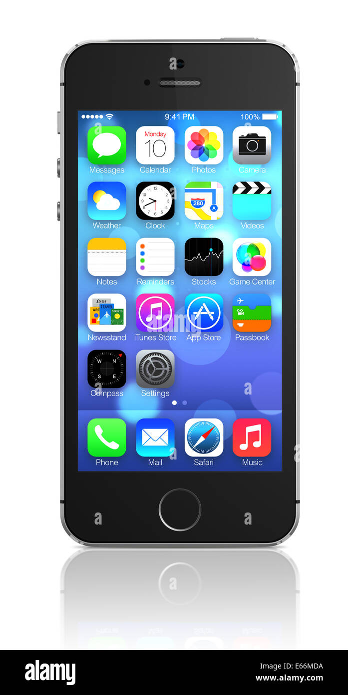 IPhone 5s che mostra la schermata iniziale con iOS7 Foto Stock